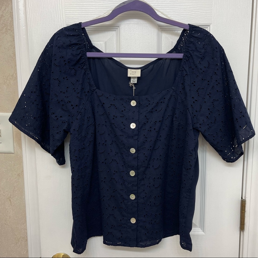 NWT Navy Blue Top with Embellishment and Buttons
